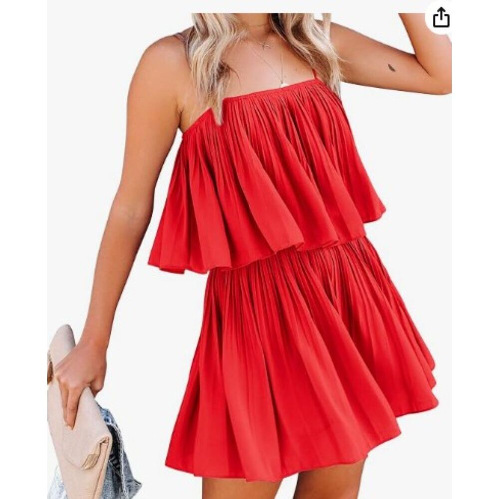 EXLURA Large Spaghetti Strap Pleated Short Jumpsuit Flowy Romper RED RET $45
